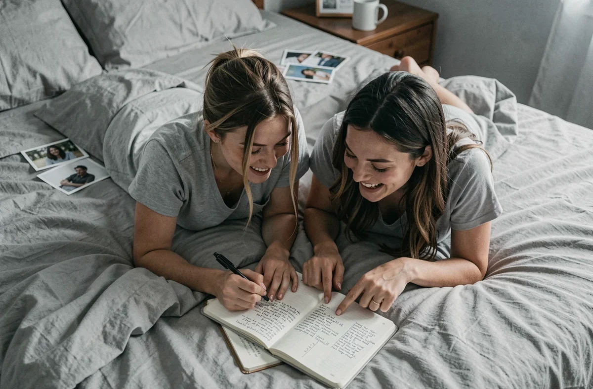Deux meilleures amies allongées sur un lit écrivant dans un journal intime, partageant des souvenirs et des rires complices