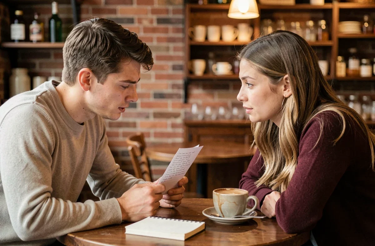 Deux amis proches dans un café lisant une lettre manuscrite émouvante, partageant un moment sincère et authentique