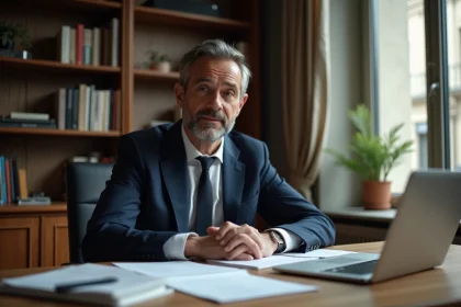 Portrait d'un homme en costume marine assis dans un bureau parisien élégant, entouré de documents financiers et de livres, illustrant discrétion et vie professionnelle