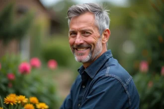 Animateur jardinage souriant protégeant sa vie privée dans un jardin fleuri