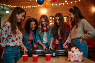 Groupe de jeunes adultes autour d'une table DJ lors d'une fête d'anniversaire 18 ans avec ballons et guirlandes lumineuses