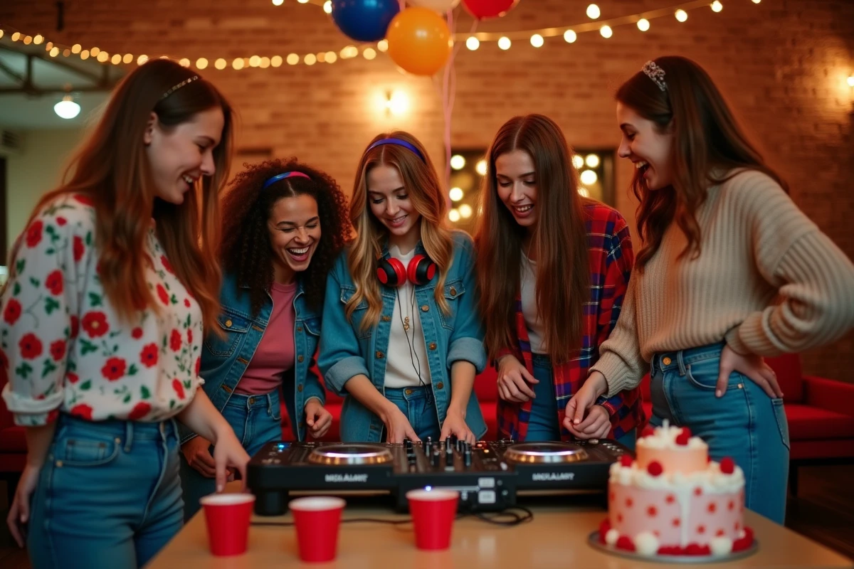 Groupe de jeunes adultes autour d'une table DJ lors d'une fête d'anniversaire 18 ans avec ballons et guirlandes lumineuses