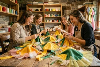 Femmes créant des bonnets traditionnels pour la fête de la Sainte-Catherine dans un atelier artisanal français