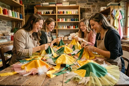 Femmes créant des bonnets traditionnels pour la fête de la Sainte-Catherine dans un atelier artisanal français