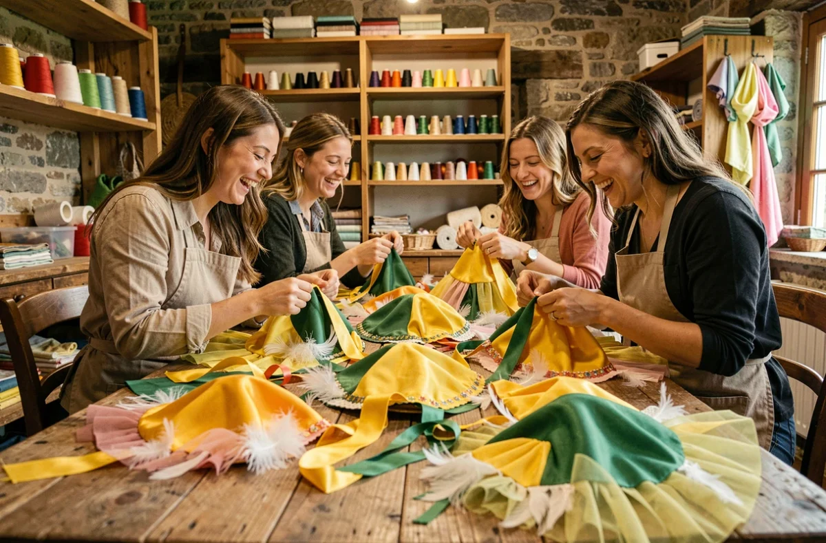 Femmes créant des bonnets traditionnels pour la fête de la Sainte-Catherine dans un atelier artisanal français