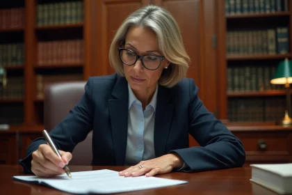 Femme notaire signant une attestation de renonciation sur un bureau en bois dans un cabinet juridique