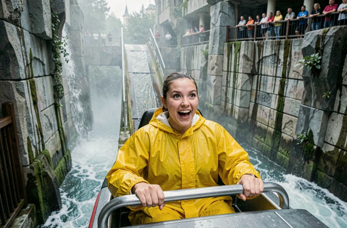 Femme souriante en poncho jaune au sommet d'un toboggan aquatique dans un parc d'attractions espagnol