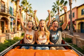 Groupe d'adultes criant de joie à bord d'un grand huit à PortAventura Park lors d'une montée d'adrénaline
