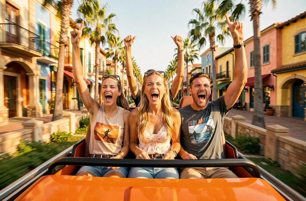 Groupe d'adultes criant de joie à bord d'un grand huit à PortAventura Park lors d'une montée d'adrénaline