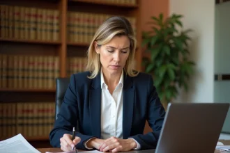 Avocate en droit de la famille consultant un jugement de visite médiatisée dans son bureau