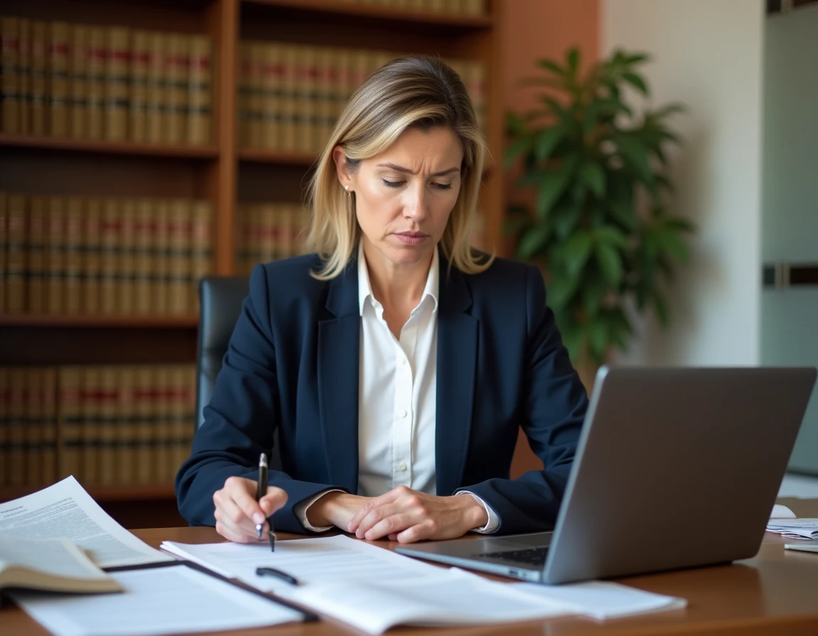 Avocate en droit de la famille consultant un jugement de visite médiatisée dans son bureau