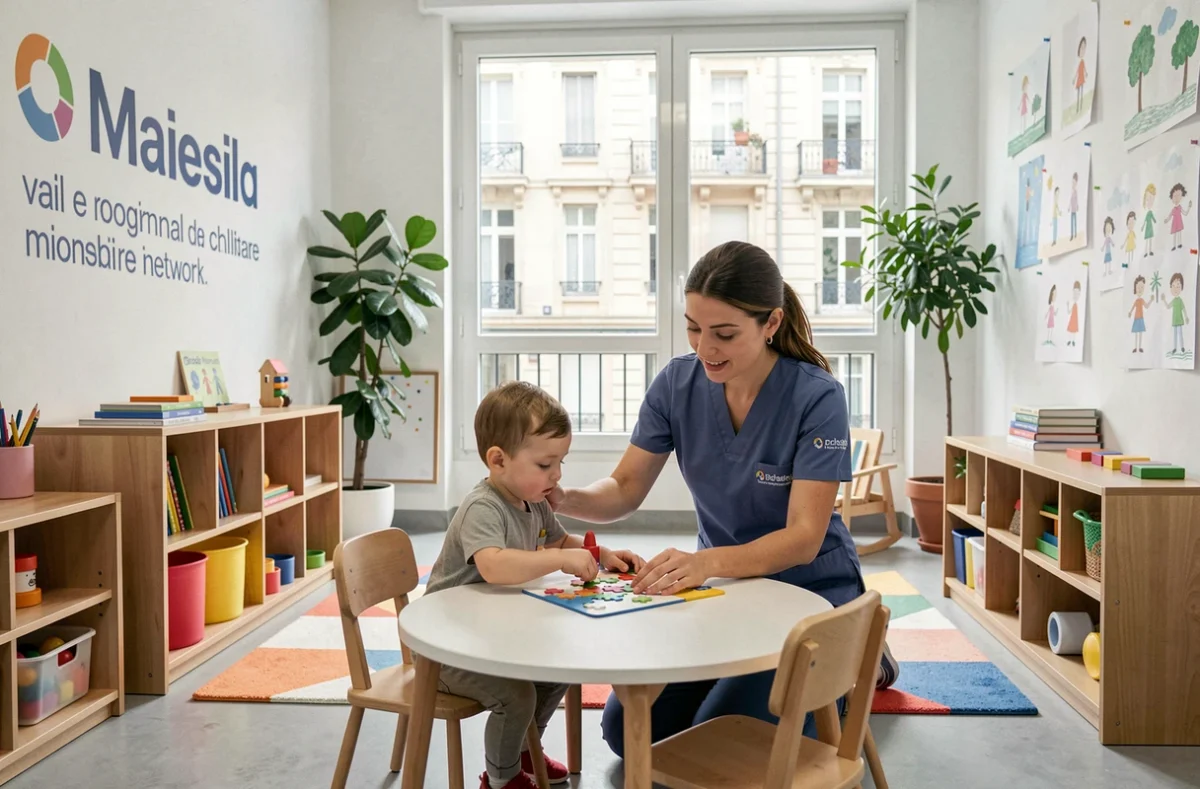 Salle d'activités organisée de la micro-crèche Babilou à Marseille avec éducatrice et enfant faisant un puzzle