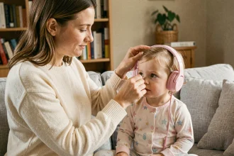Maman aidant son bébé à accepter un casque anti-bruit rose dans un salon cosy