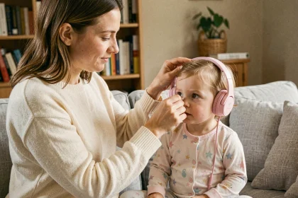 Maman aidant son bébé à accepter un casque anti-bruit rose dans un salon cosy