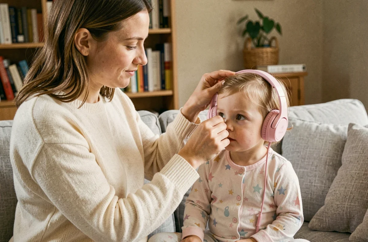 Maman aidant son bébé à accepter un casque anti-bruit rose dans un salon cosy