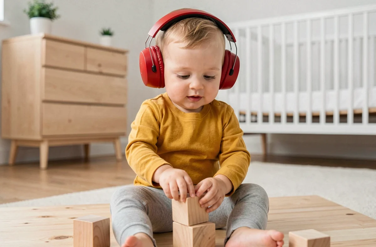 Bébé portant seul un casque anti-bruit rouge dans une chambre d'enfant scandinave