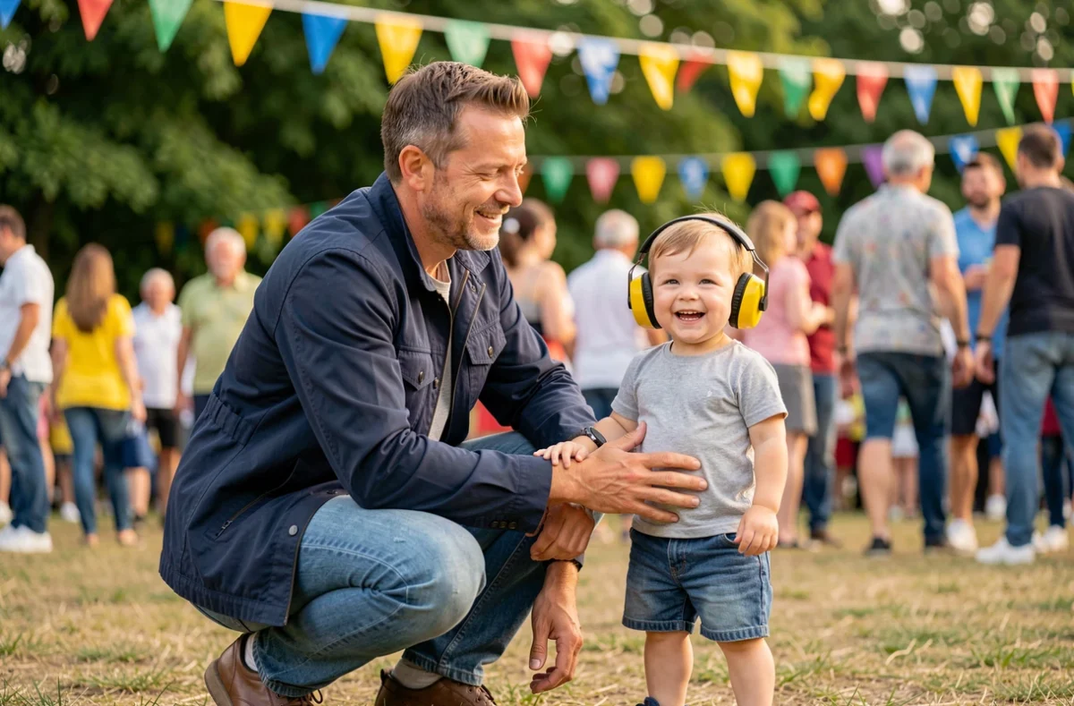 Père et enfant en bas âge portant un casque anti-bruit jaune lors d'un festival en plein air