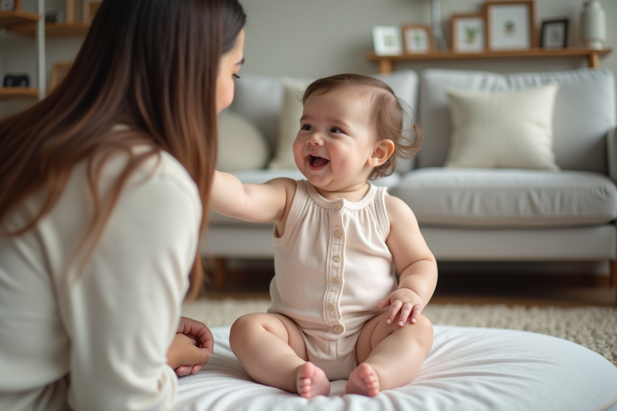 Bebe fille de 10 mois assise sur un tapis de jeu intérieur