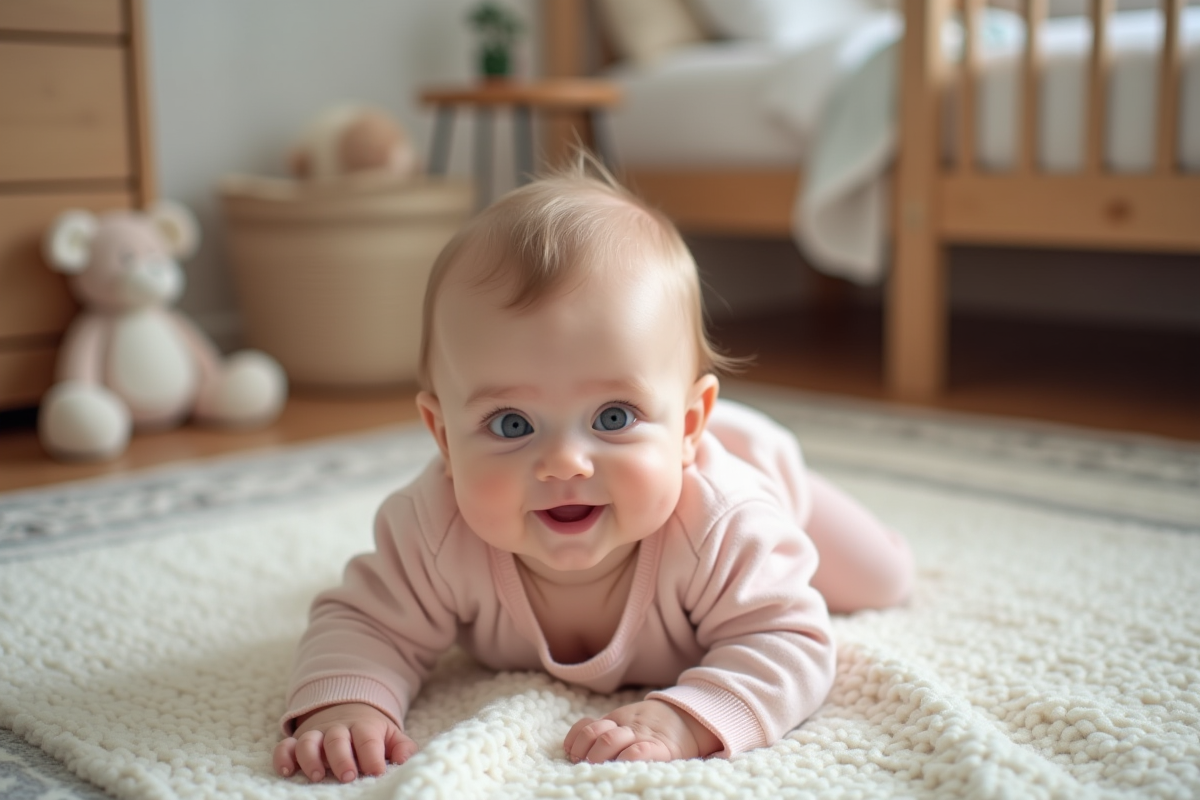 Bébé fille de 3 mois en position ventrale dans une nurserie chaleureuse
