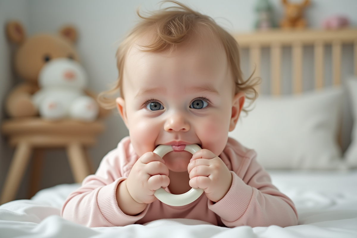Bébé de 8 mois mordillant une tétine en silicone dans une nurserie chaleureuse