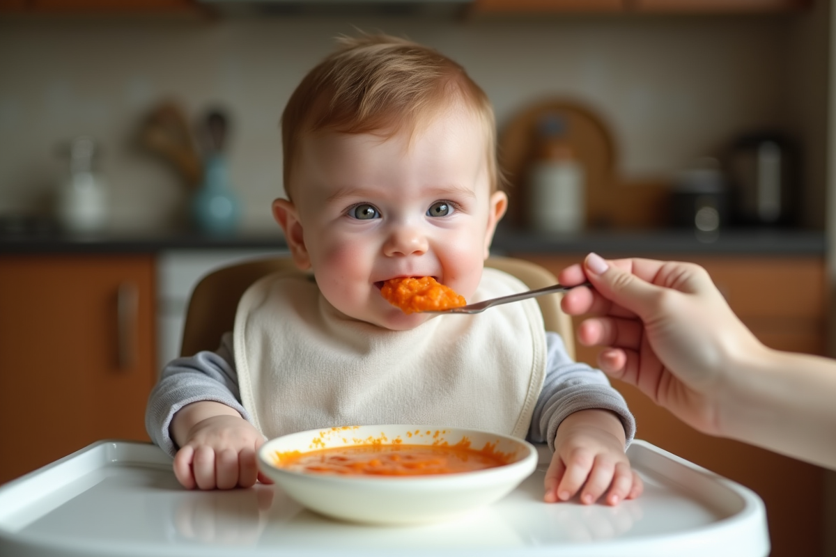Bébé de six mois goûtant une purée de carottes dans une cuisine chaleureuse