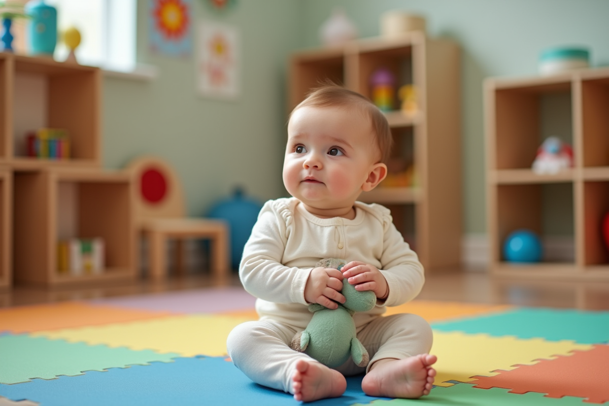 Bébé assis seul sur un tapis coloré en maternelle