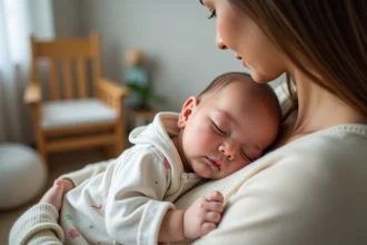 Bébé endormi dans les bras de sa mère dans une nurserie chaleureuse