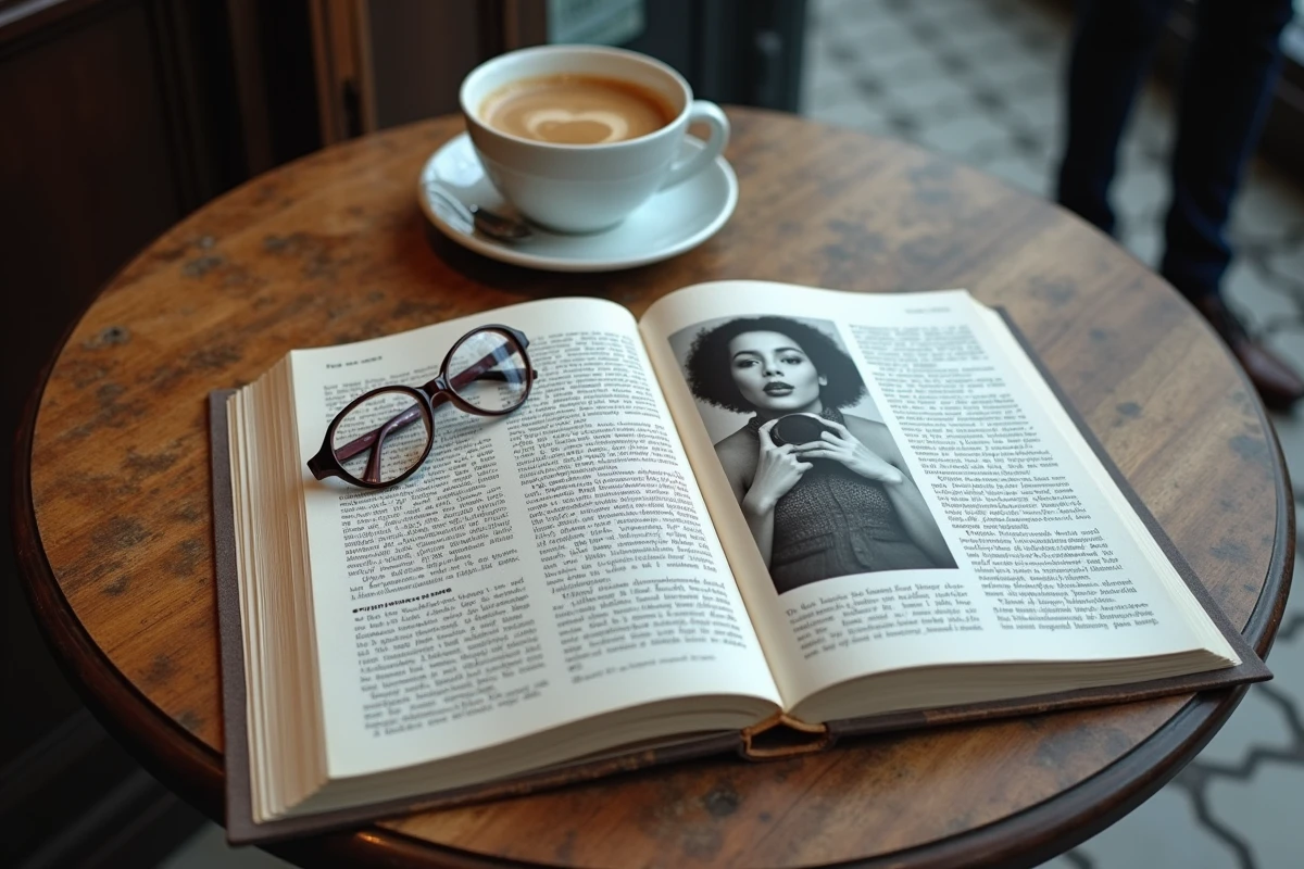 Biographie ouverte d'une chanteuse française sur une table de café parisien, avec références à la vie privée et à son fils