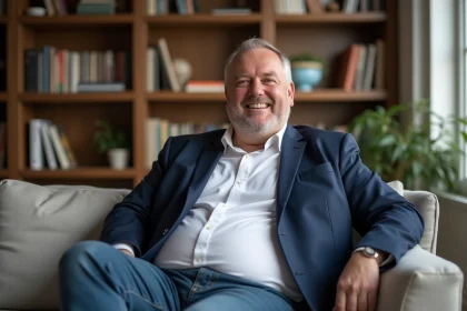 Portrait d'un homme souriant dans un appartement parisien moderne, illustrant la vie de couple et l'intimité
