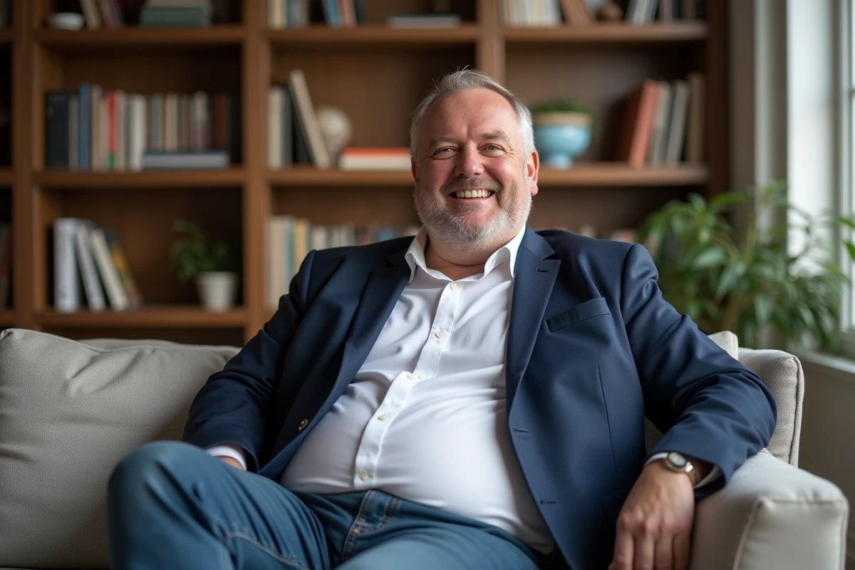Portrait d'un homme souriant dans un appartement parisien moderne, illustrant la vie de couple et l'intimité