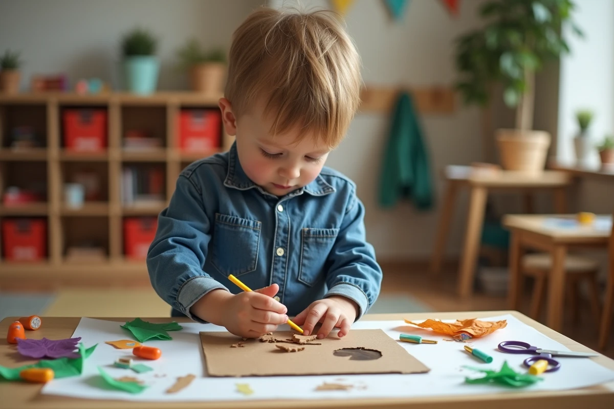 Jeune enfant de maternelle réalisant un bricolage de forêt en papier froissé inspiré du conte du Petit Poucet lors d'un atelier créatif
