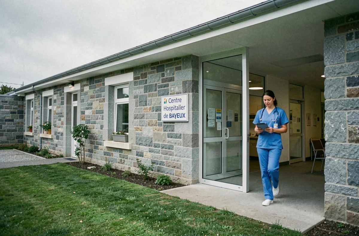 Hôpital de Bayeux avec le service de pédiatrie et une médecin en scrubs