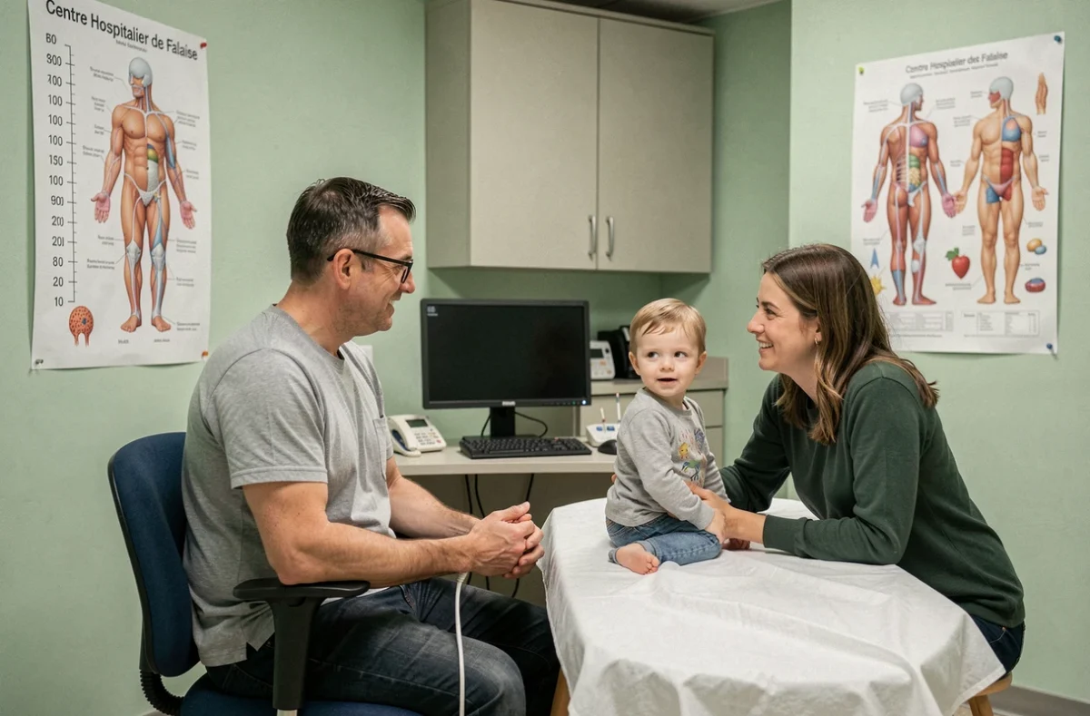Consultation pédiatrique au Centre Hospitalier de Falaise avec un médecin et un jeune patient