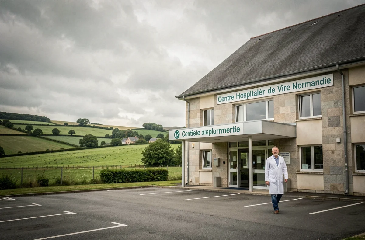 Façade du Centre Hospitalier de Vire Normandie avec panneau du service pédiatrie