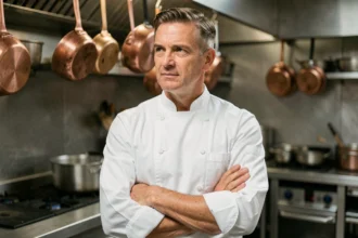 Chef cuisinier renommé en tenue blanche dans une cuisine professionnelle, regard pensif et posture réservée évoquant la discrétion sur sa vie privée