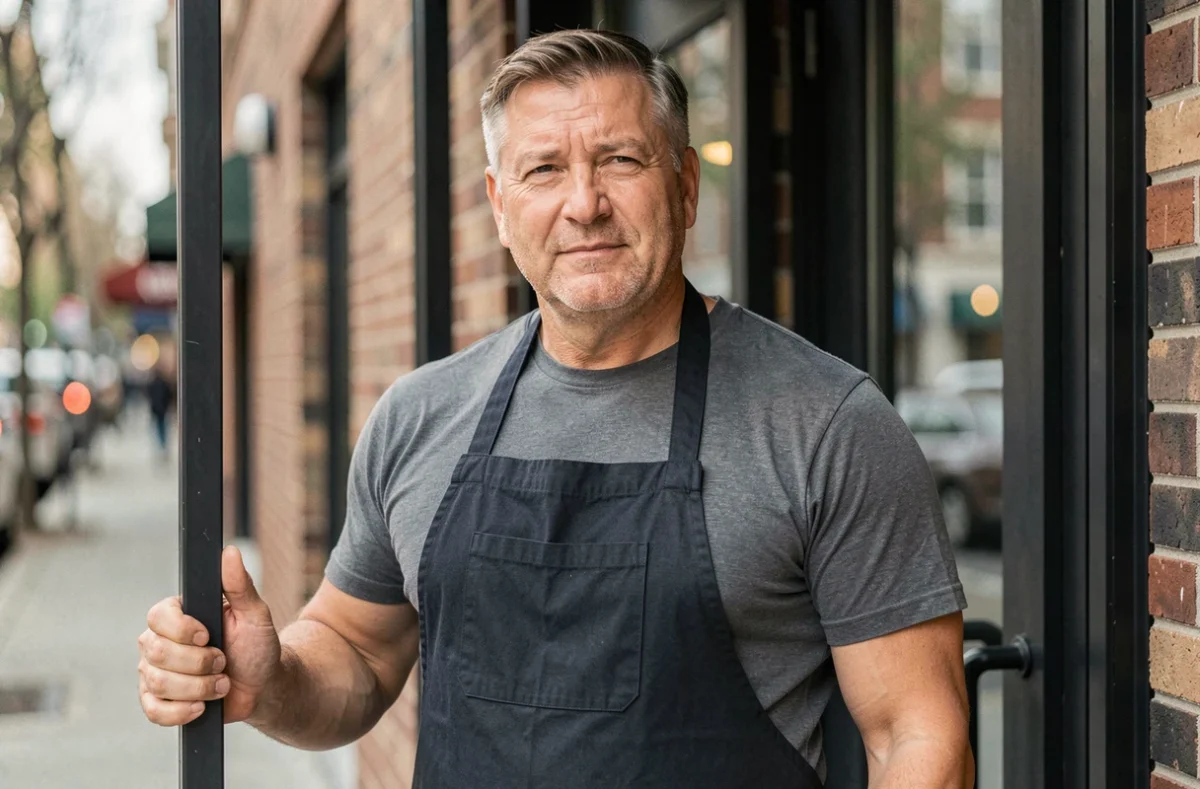 Chef de cuisine à l'entrée de son restaurant avec une expression réservée, symbolisant la frontière entre notoriété publique et intimité familiale