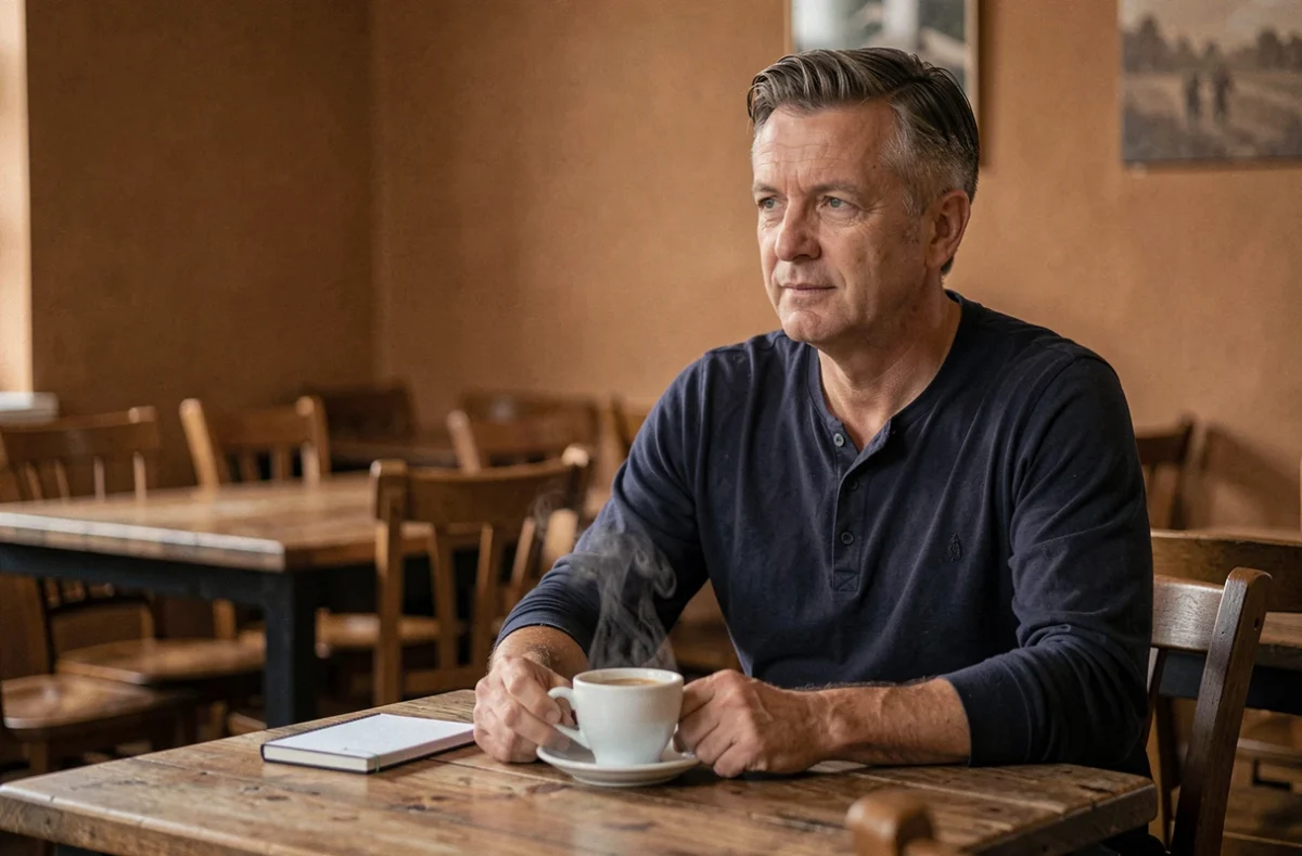 Chef cuisinier seul à une table de bistro avec un café, illustrant le cloisonnement entre vie professionnelle et vie de famille