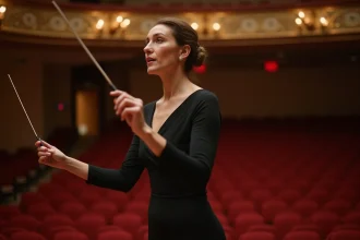 Cheffe d'orchestre féminine en robe noire devant un pupitre dans une grande salle de concert