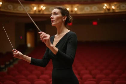 Cheffe d'orchestre féminine en robe noire devant un pupitre dans une grande salle de concert