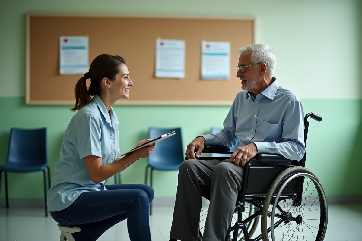 Un homme âgé en fauteuil roulant consulte une assistante sociale dans un centre de santé communautaire