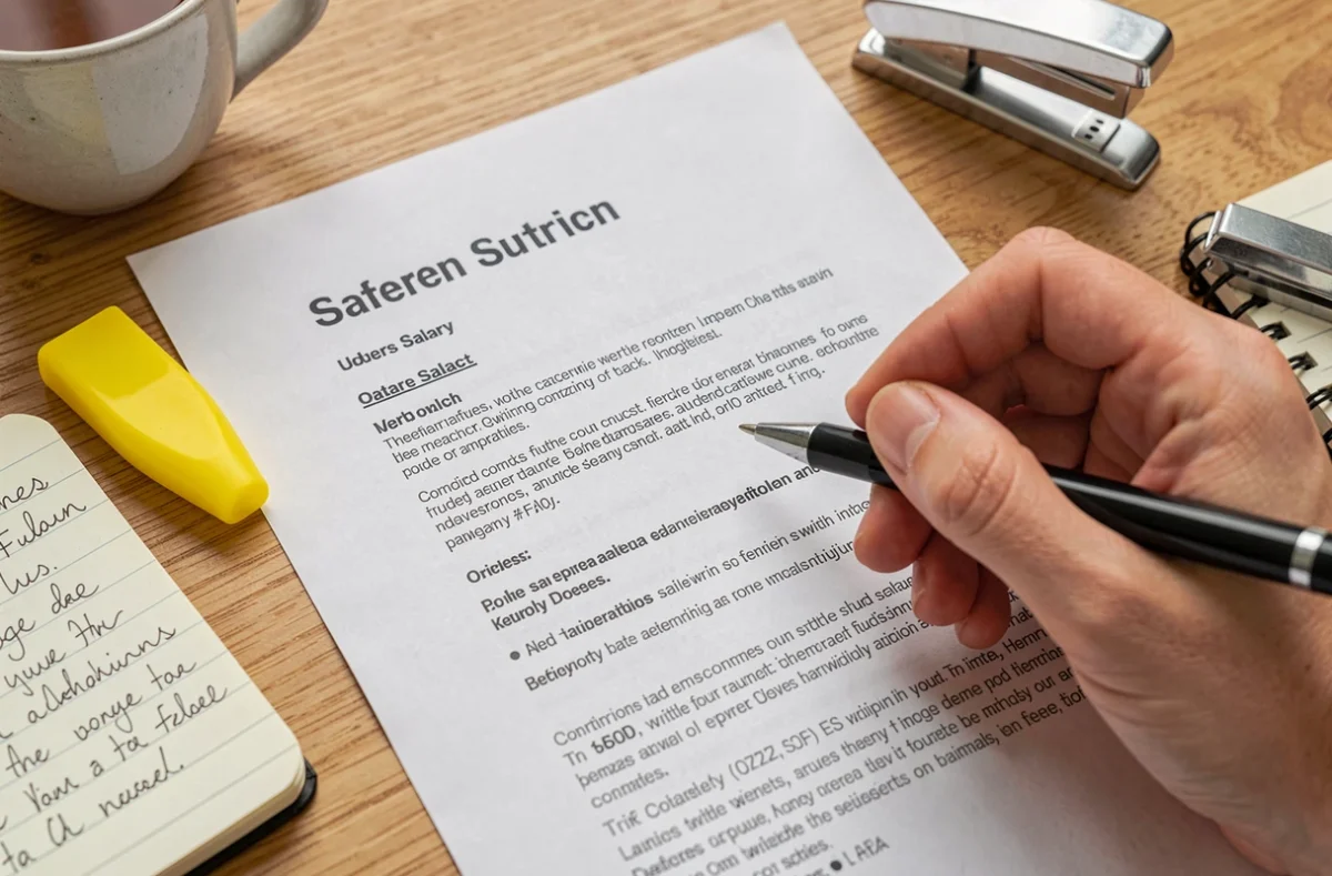 Gros plan sur un contrat de famille d'accueil annoté avec stylo et surligneurs pour vérifier les clauses de rémunération