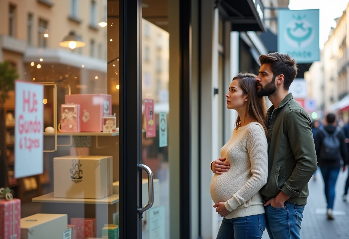 Jeune couple devant un magasin de bébé avec offres de cadeaux