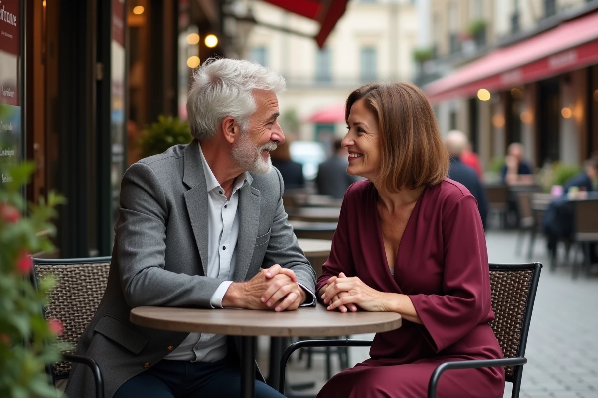Couple élégant discutant en terrasse de café parisien, illustration d'une vie de couple sous l'angle médiatique pour un article sur Marc de Chalvron