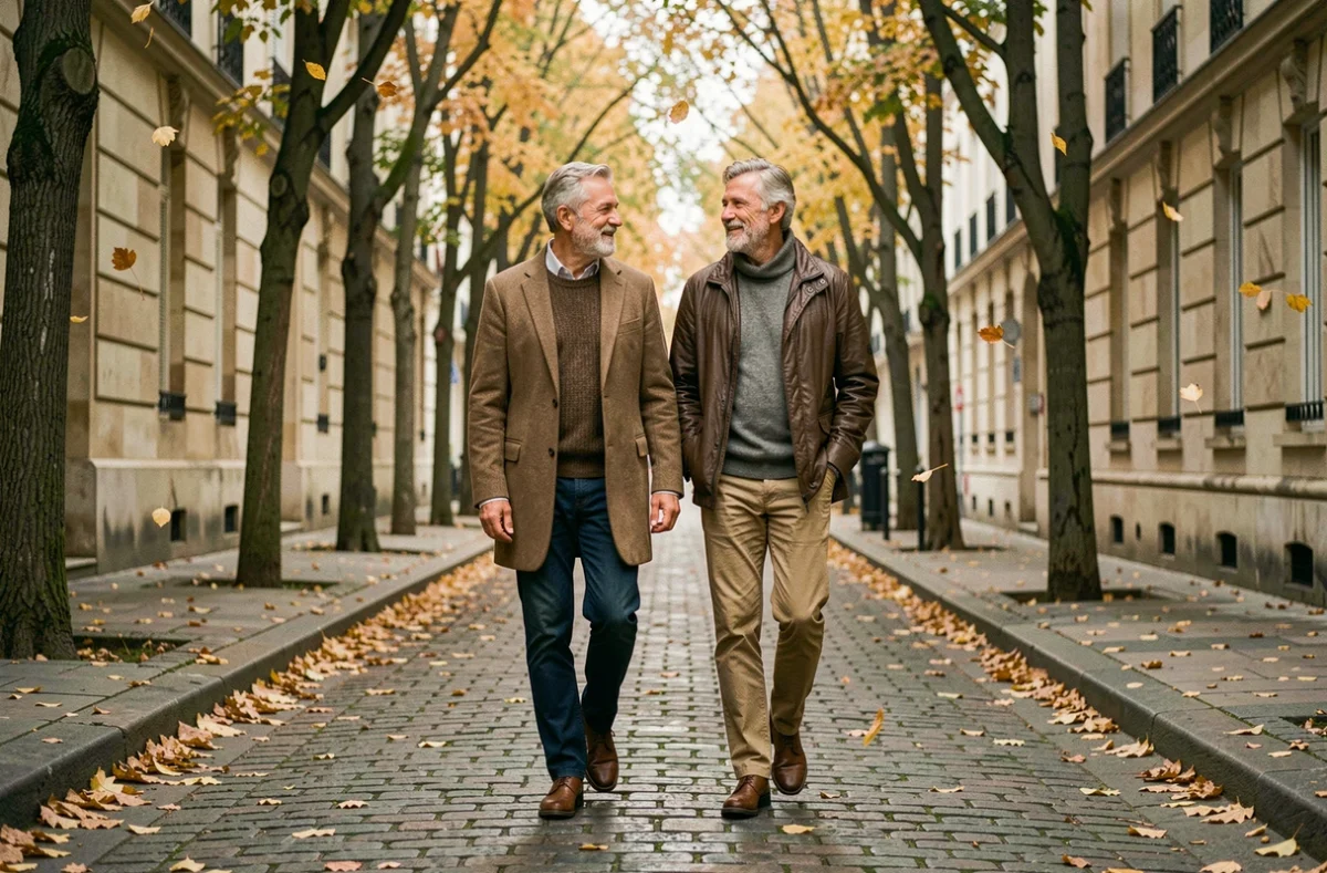 Couple discret se promenant dans une rue parisienne pavée en automne, symbolisant la protection de la vie privée et familiale
