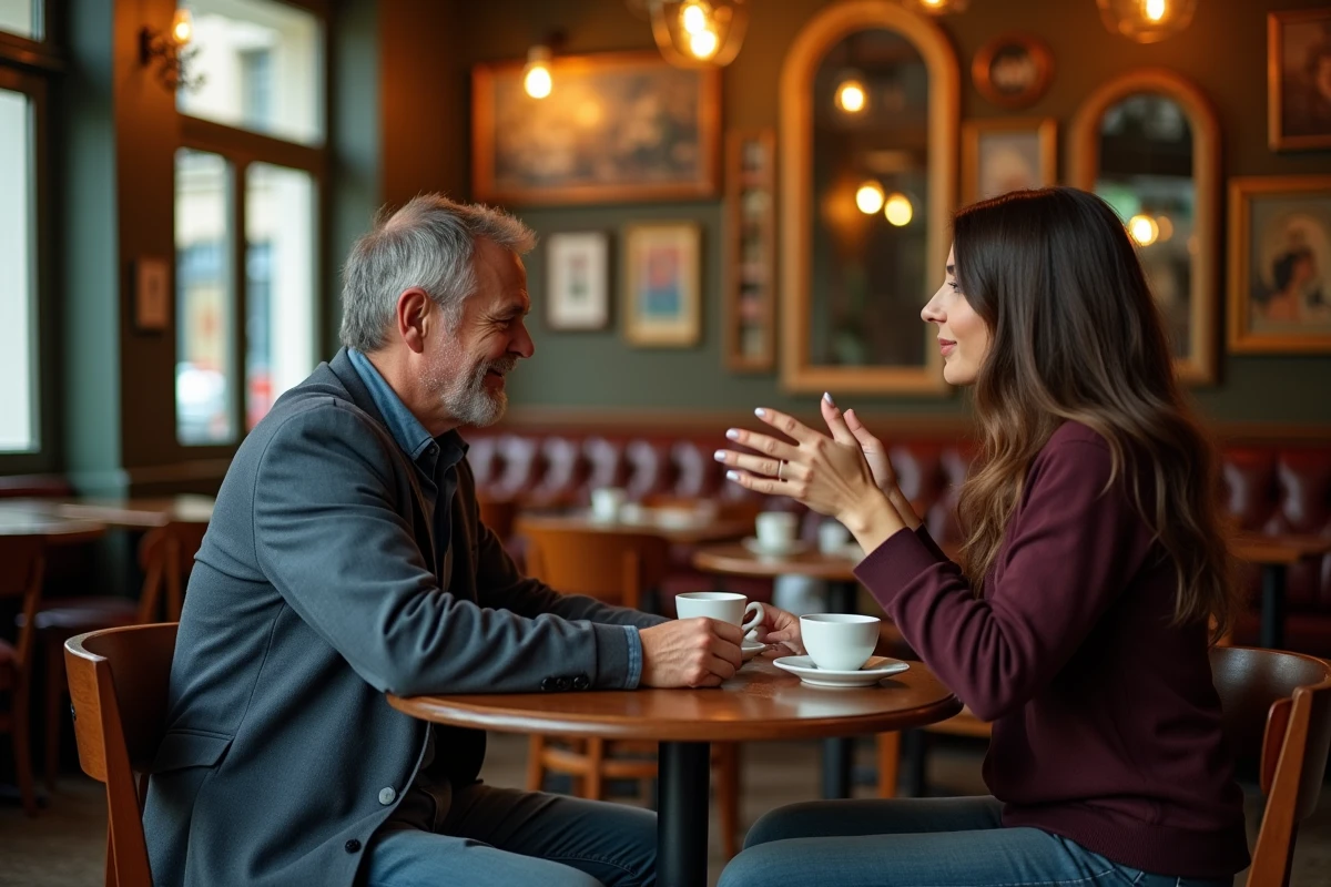 Couple en conversation dans un café parisien typique, illustrant les rumeurs et discussions autour d'une relation de célébrité