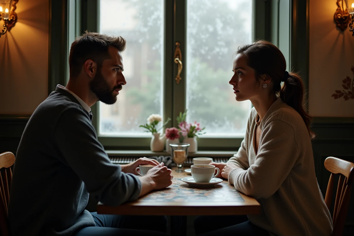 Couple silencieux et distant attablé dans un café, alliance visible sur la main de l'homme, évoquant une relation illégitime et une double vie