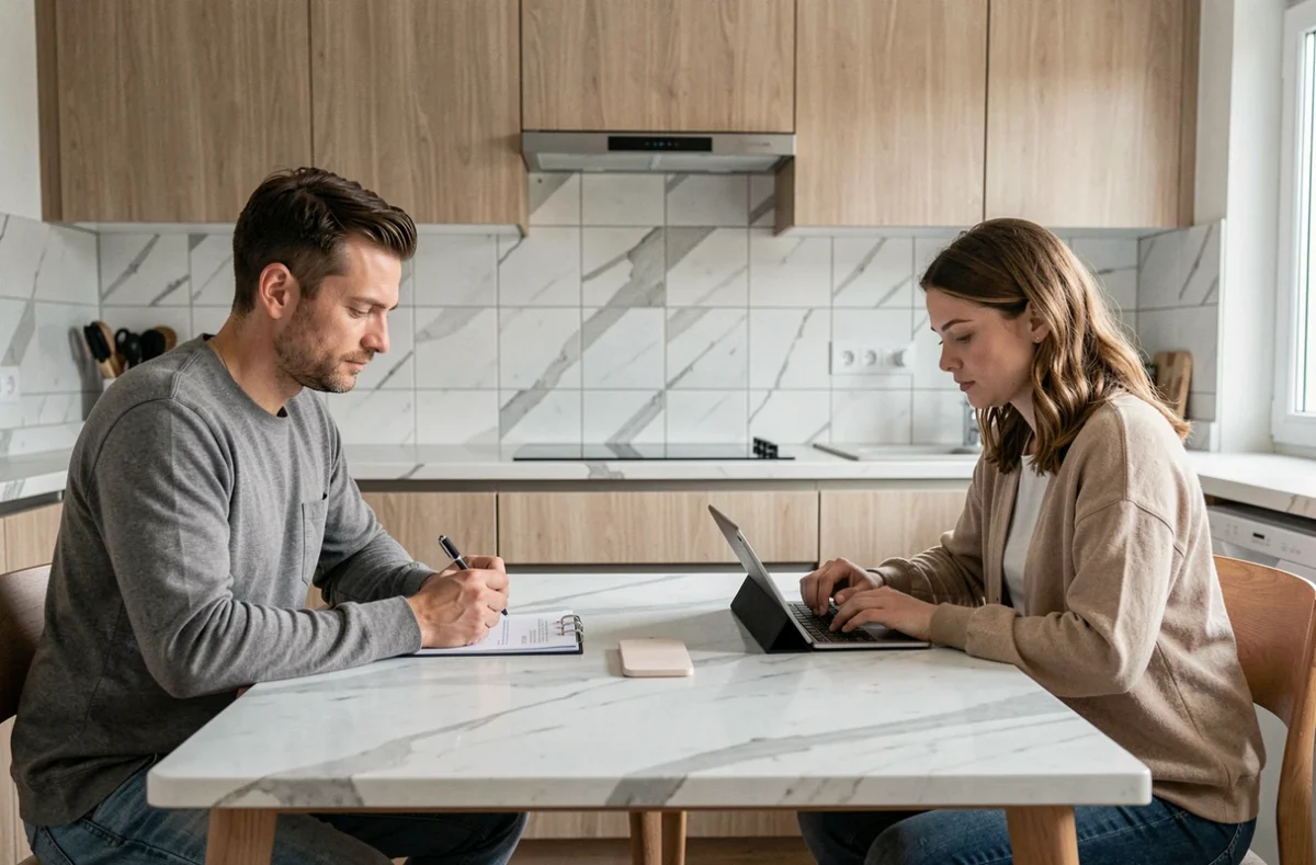 Couple séparé examinant des documents de divorce à distance autour d'une table de cuisine