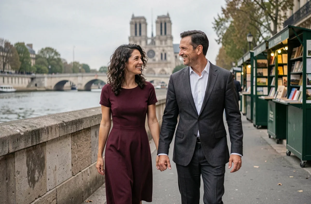 Couple élégant se promenant sur les quais de la Seine à Paris, photographie éditoriale de lifestyle