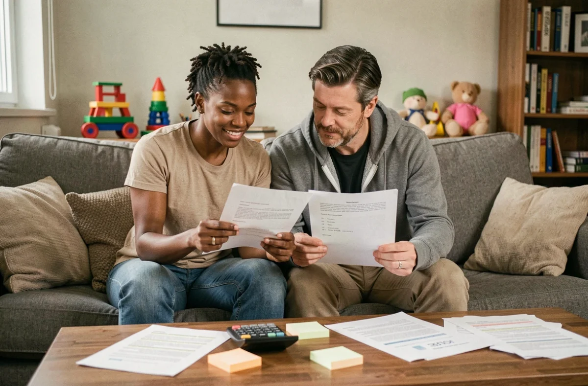 Couple d'assistants familiaux vérifiant ensemble les termes de rémunération de leur contrat d'accueil pour quatre enfants