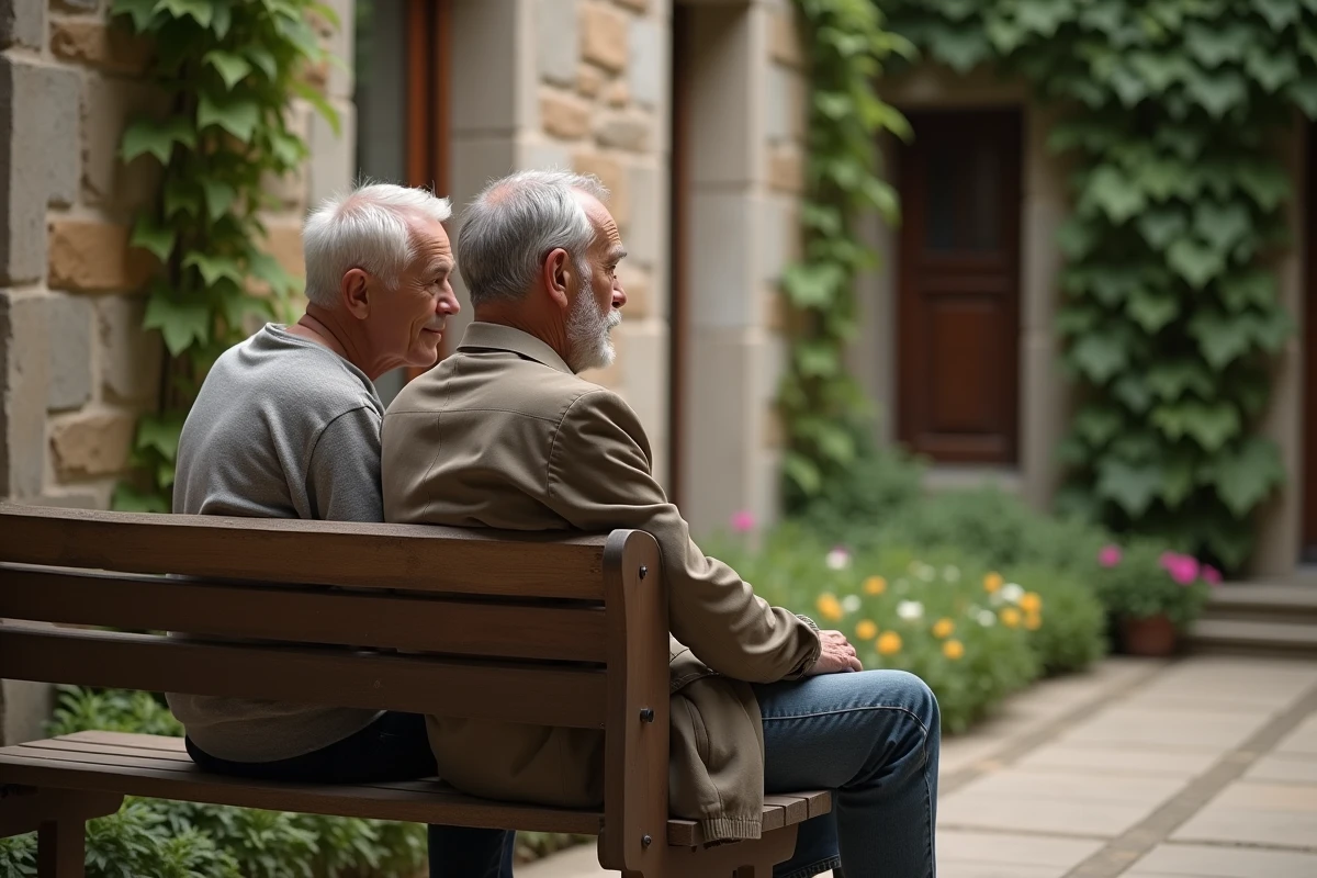 Couple d'hommes d'âge mûr assis ensemble dans une cour intérieure provençale